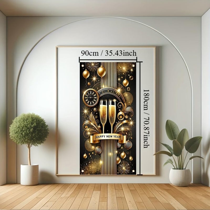 TOMHONG Happy New Year Champagne Toast Door Cover Decoration 71x35 Inch Gold Black SparkleTheme Party Banner for New Years Eve Wall Decor Festive NYE Holiday Supplies Photo Prop - Image 2